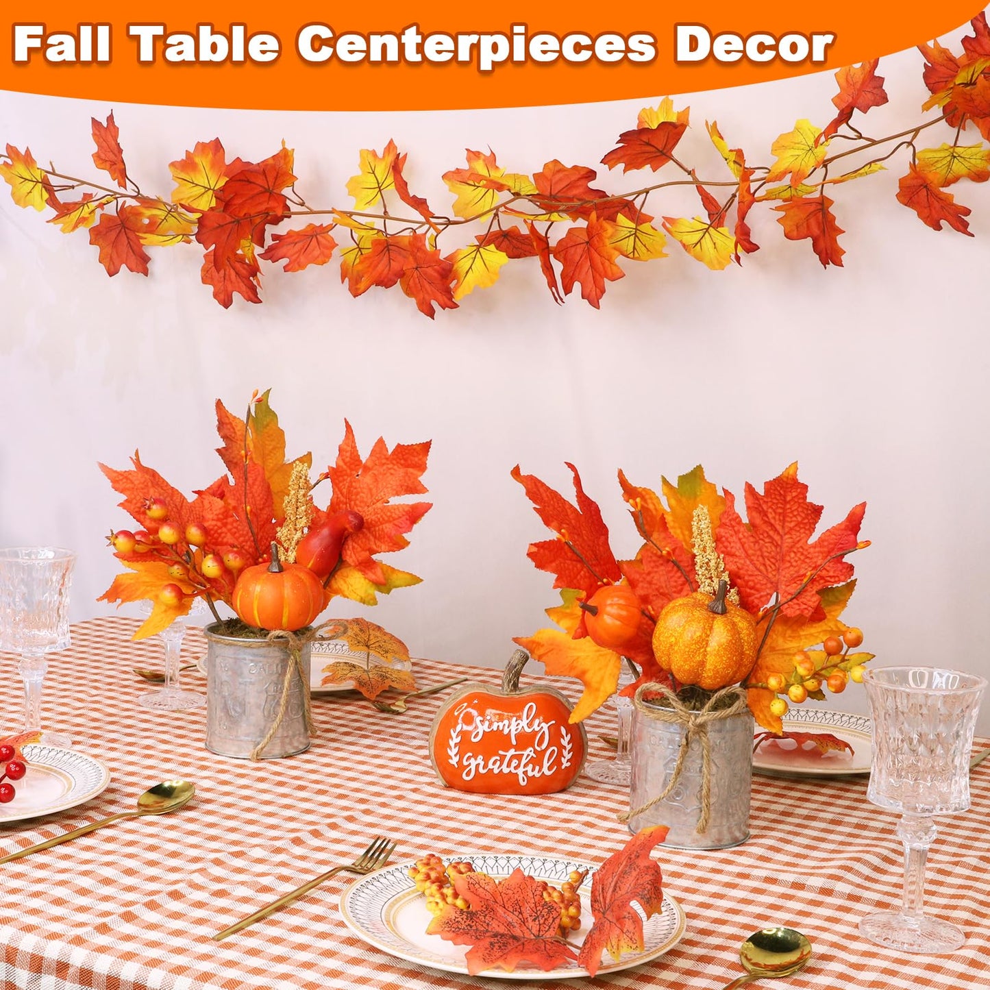 2 Pack 12 Inch Thanksgiving Decorations Fall Centerpieces for Tables Thanksgiving Table Decor Fall Arrangements Maples Leave Pumpkin Berried Wheat Realistic Moss in Metal Pots for Home Kitchen Table
