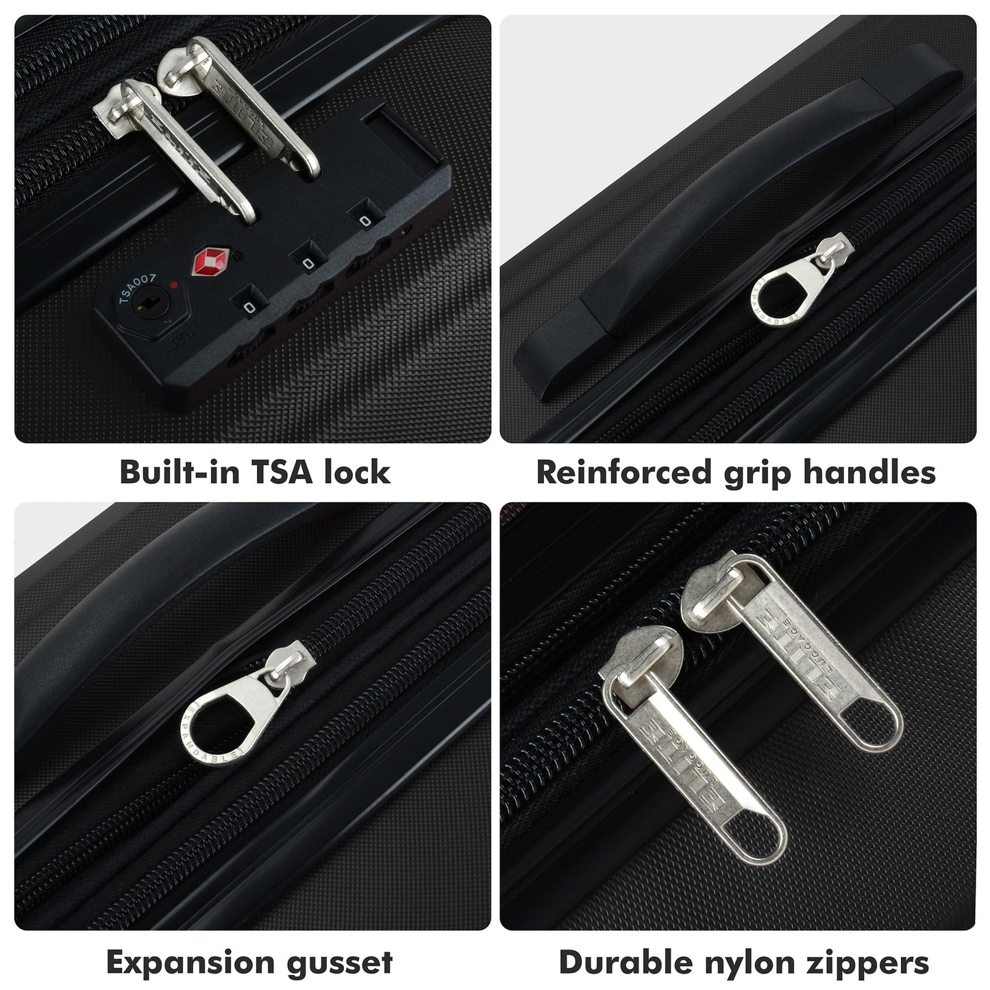 Elite Luggage Expandable Hardside Spinner Luggage,TSA Lock, Black, 3-Piece