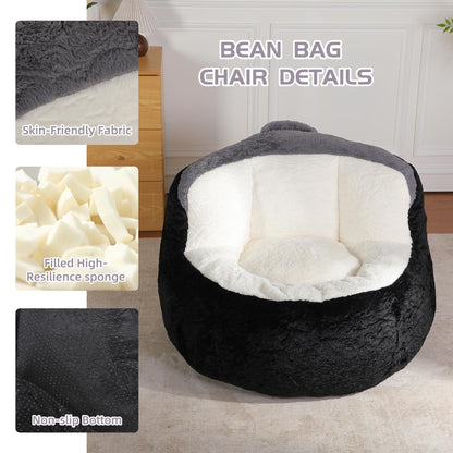 Oversized Bean Bag Chairs,Multicolor Faux Fur Couch Filled with Shredded Sponge,Large Lounger Sofa for Living Room,No Assembly Required, Black+White+Grey