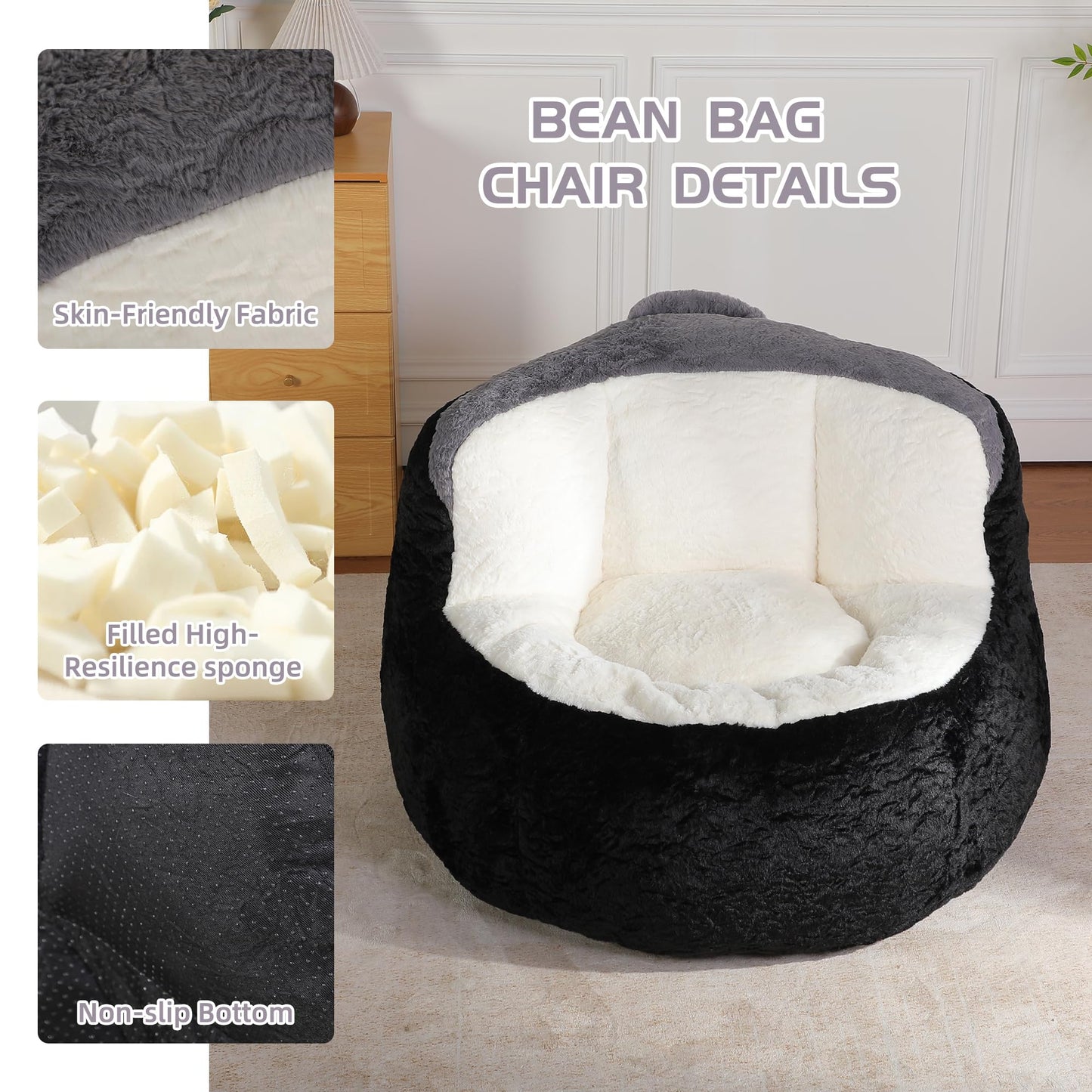 Amacv Oversized Bean Bag Chairs,Multicolor Faux Fur Couch Filled with Shredded Sponge,Large Lounger Sofa for Living Room,No Assembly Required, Black+White+Grey
