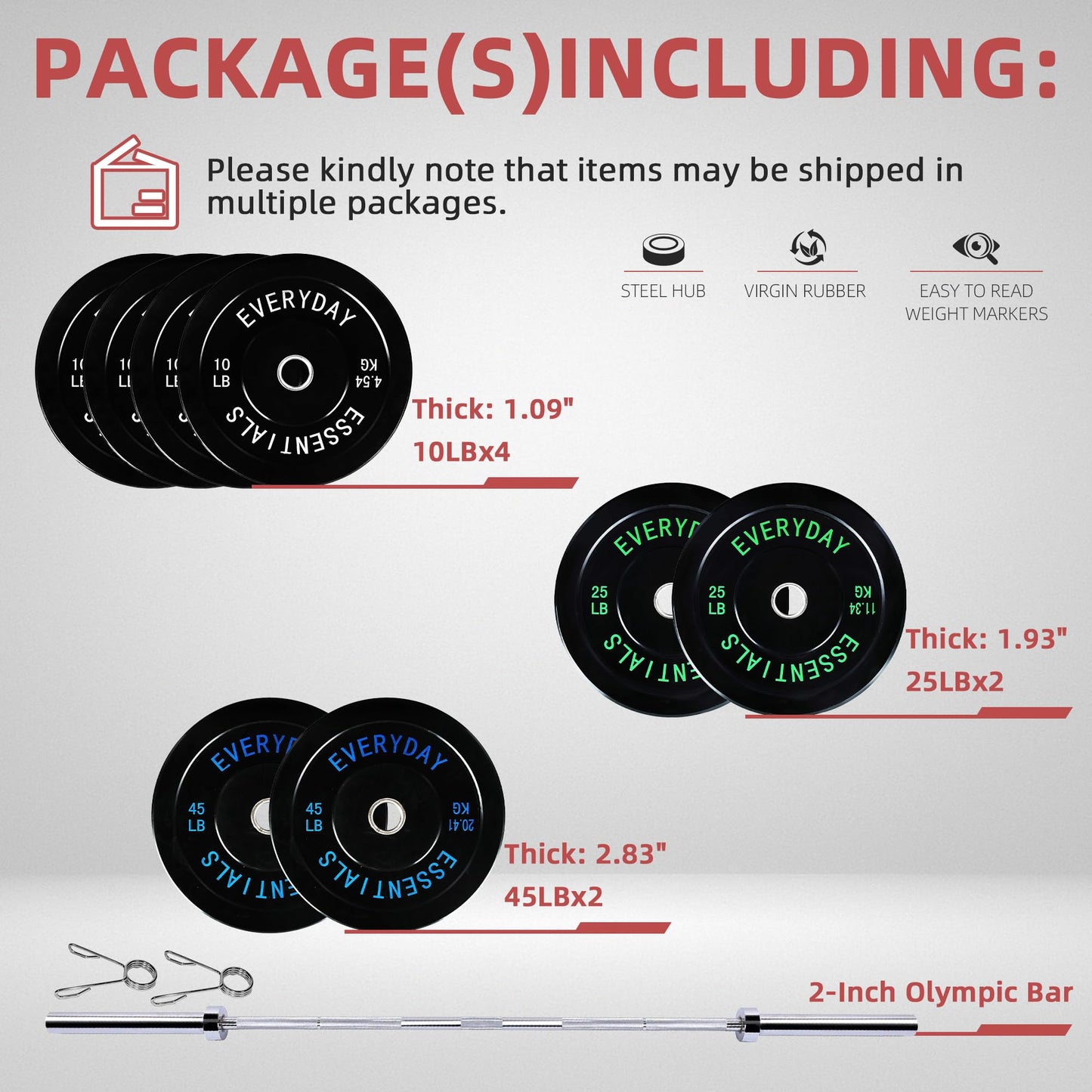 Fitvids 2-Inch Olympic Bumper Weight Plates Set Including 180 LB Weight Plates & 7FT Olympic Barbell Bar, Black