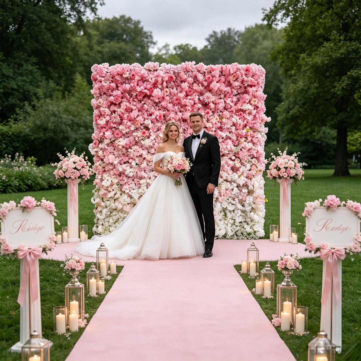5D Realistic Rose Flower Wall Backdrop, 8×8FT Reusable Flower Wall Panel, Easy to Install & Store, Ideal for Wedding, Birthday Party & Home Decoration, Pink-to-White Gradient, Without Stand
