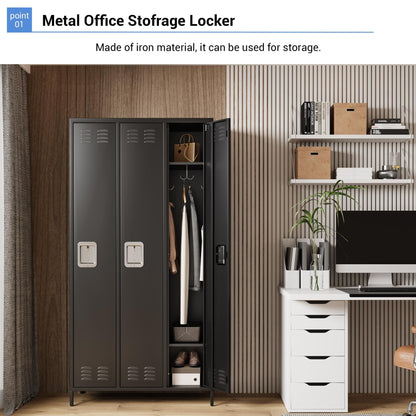 IDEALHOUSE 3 Doors Steel Storage, Metal Locker for School Office Gym Bedroom, 72 Inch Locker Cabinet for Employees,Industrial Storage Locker with 3 Shelves, Assembly Required, Black