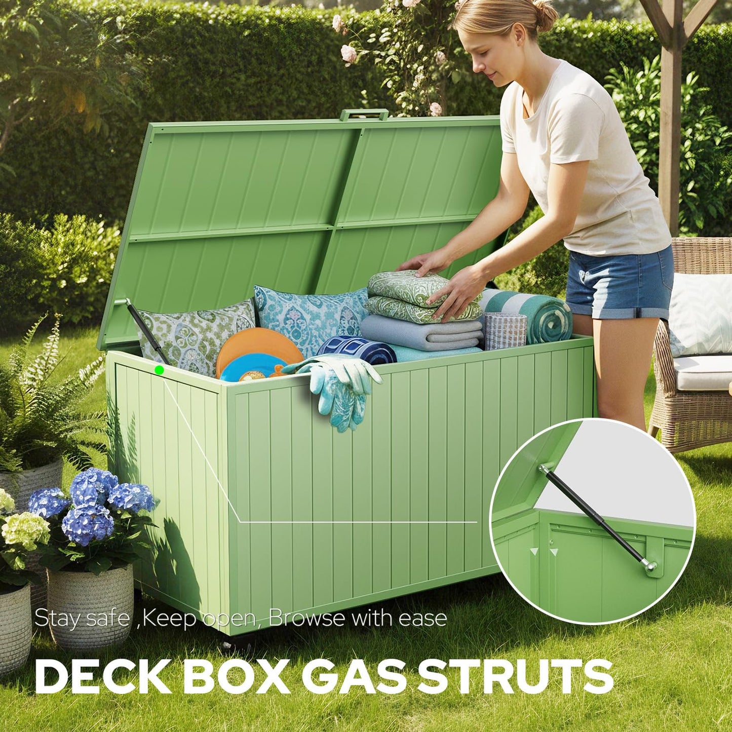 RICNOD Outdoor Storage Box with Wheels 150 Gallon, Mobile Aluminum Deck Boxes Outdoor Waterproof, UV Resistant Patio Storage Box with Lid for Patio Furniture, Garden Tools, Outdoor Cushion(Green)
