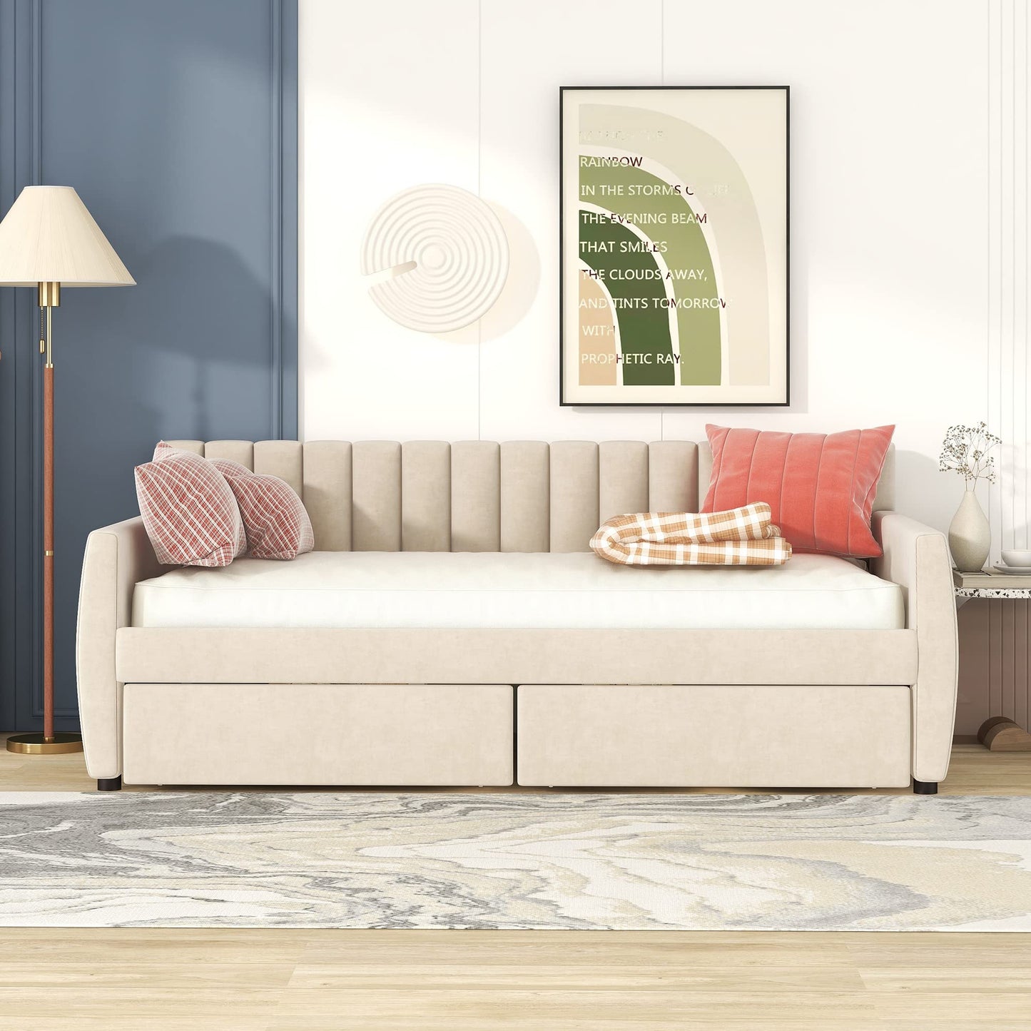 Merax Upholstered Daybed with 2 Drawers, Twin Size Bed Frame with Storage and Wood Slat Support, Beige