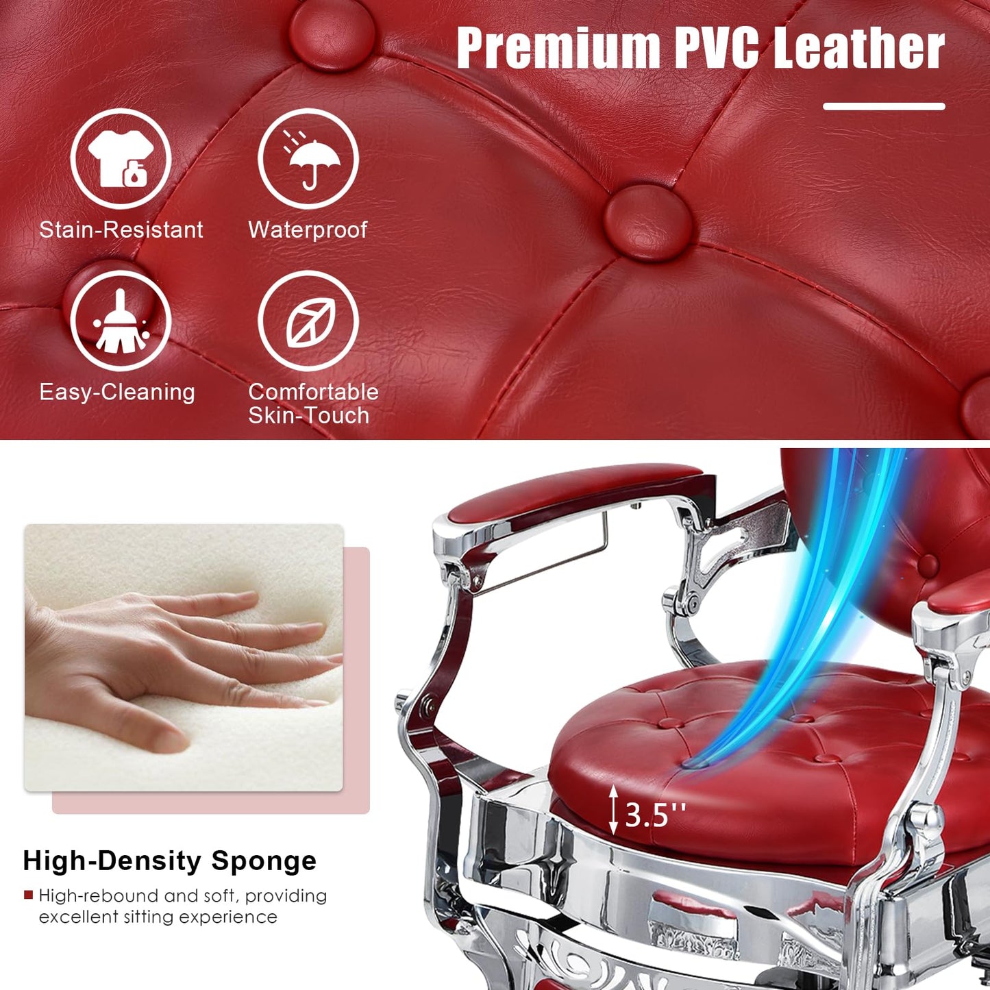 GLOBALWAY Vintage Barber Chair, Salon Chair, Hydraulic Recline Beauty Spa Styling Equipment W/Adjustable Height & Headrest, Rotated Foot Pedal, Hairdressing Tattoo Beauty Spa Equipment (Red)