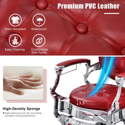 GLOBALWAY Vintage Barber Chair, Salon Chair, Hydraulic Recline Beauty Spa Styling Equipment W/Adjustable Height & Headrest, Rotated Foot Pedal, Hairdressing Tattoo Beauty Spa Equipment (Red)