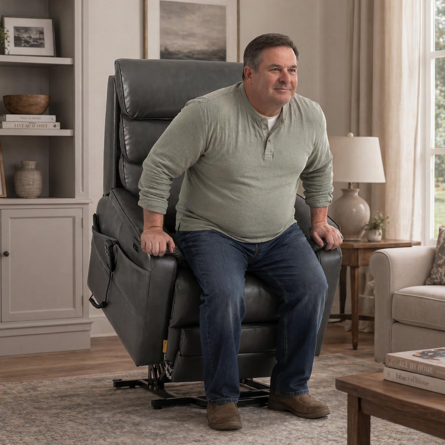 DYNOX 400 LBS Big Tall Man Large-Wide Power Dual Motor Lift Recliners Chairs for Elderly, Lay Flat Lift Chair with Infinite Positions, Heat & Massage, Extended Footrest (9298L,Faux Leather,Grey)
