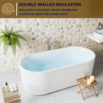 59'' Freestanding Bathtub, Deep Acrylic Soaking Tub with Non-Slip Base, cUPC Certified Modern Free Standing Tub, Chrome Drain, White Bath Tub for Bathroom Remodel and Spa-Like Comfort