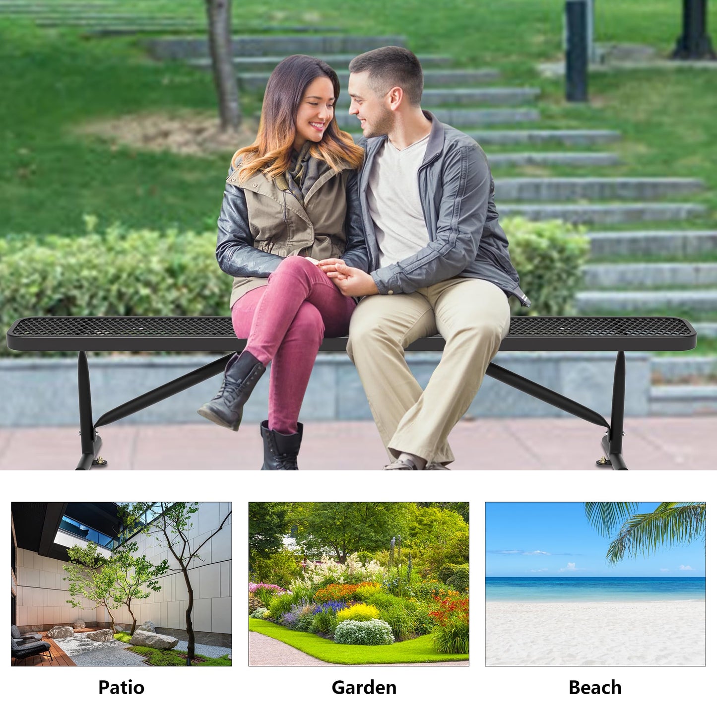 Sunnibety 8 Feet Heavy Duty Metal Park Bench for Outside, Outdoor Bench with Portable Frame, Commercial Benches for Shopping Mall, Store, Park, Patio, Deck, Black