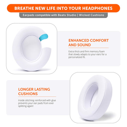 WC Wicked Cushions Replacement Ear Pads for Beats Studio 2 & 3 (B0501, B0500) Wired & Wireless | Does NOT Fit Beats Solo | Softer PU Leather, Enhanced Foam & Stronger Adhesive | White