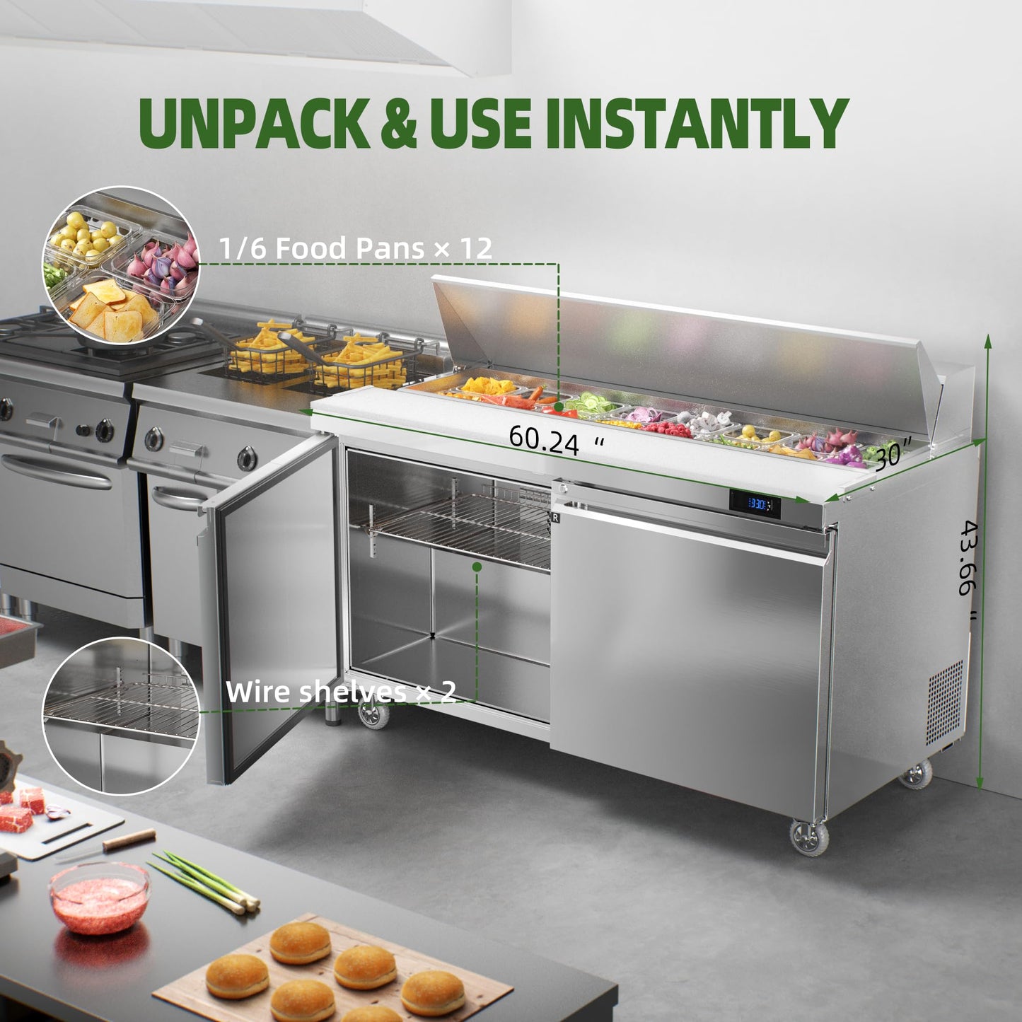 Coolake 60" W 2 Door Commercial Refrigerator Salad Sandwich Prep Table, Stainless Steel 18 Cu.ft Counter Fan Cooling Refrigerator with 16 Pans Restaurant Bar Food Truck, ETL DOE