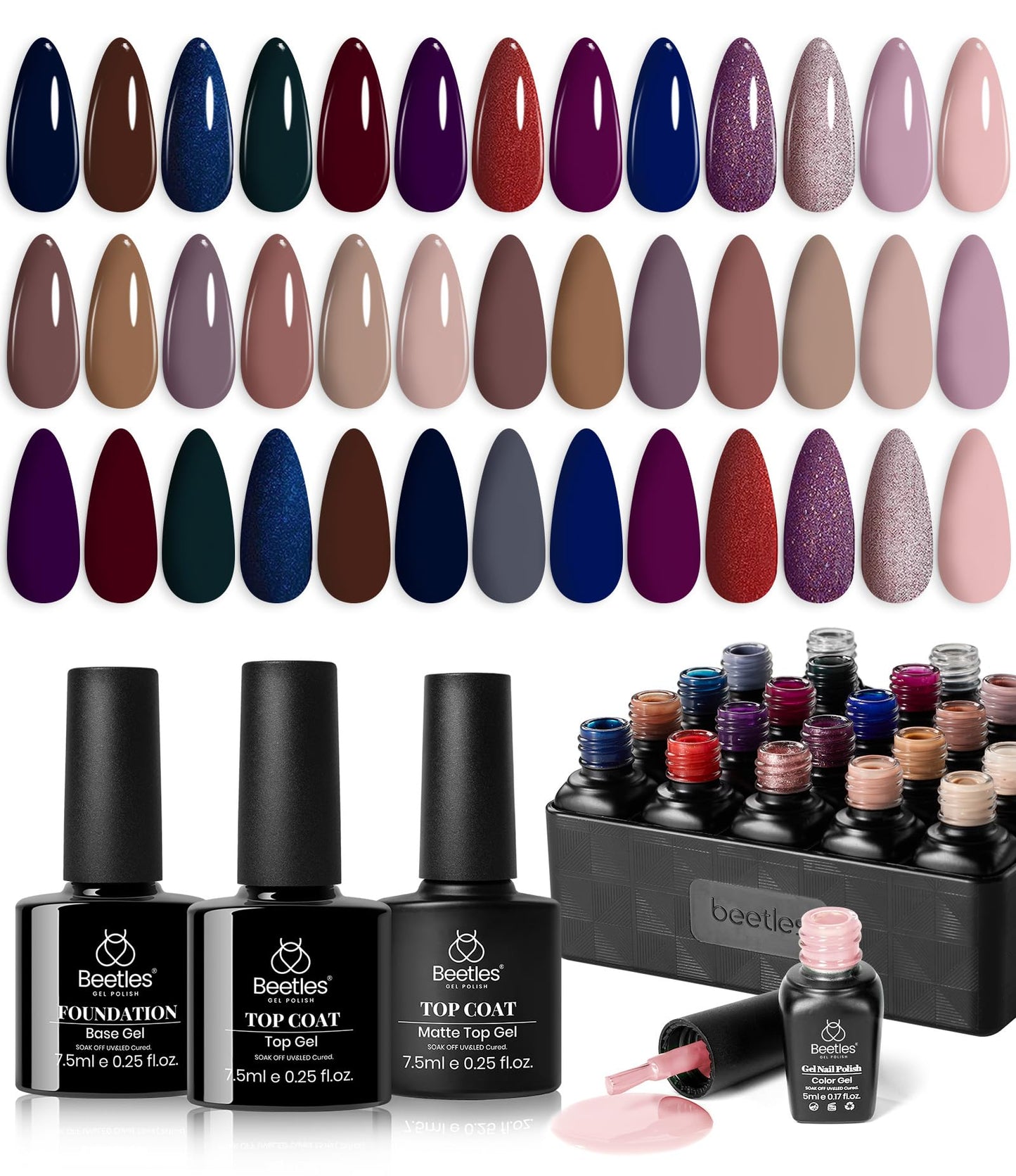 Beetles Halloween Gel Nail Polish - 39 Pcs Jelly Nail Set Glitter Changing Nail Polish Kit Treasure Box Collection with 3Pcs Base Matte and Glossy Top Soak Off Nails