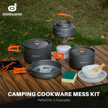 Odoland 15pcs Camping Cookware Non-Stick Lightweight Camping Pots and Pans Set with Kettle Plastic Plates Bowls Soup Spoon for Camping, Backpacking, Outdoor Cooking and Picnic (15PCS w/Kettle)