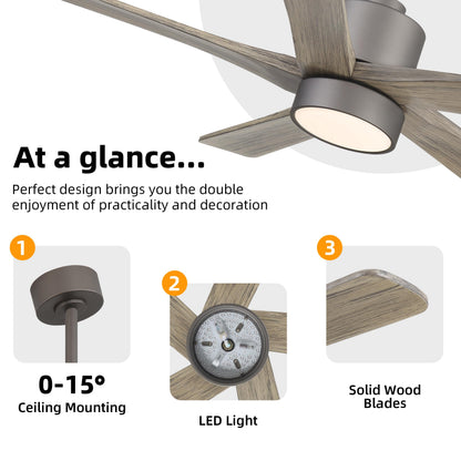 WINGBO 48 Inch DC Ceiling Fan with Lights and Remote Control, 5 Carved Solid Wood Blades, 6-Speed Noiseless Reversible DC Motor, Indoor Ceiling Fan in Graphite Finish with Gray Blades