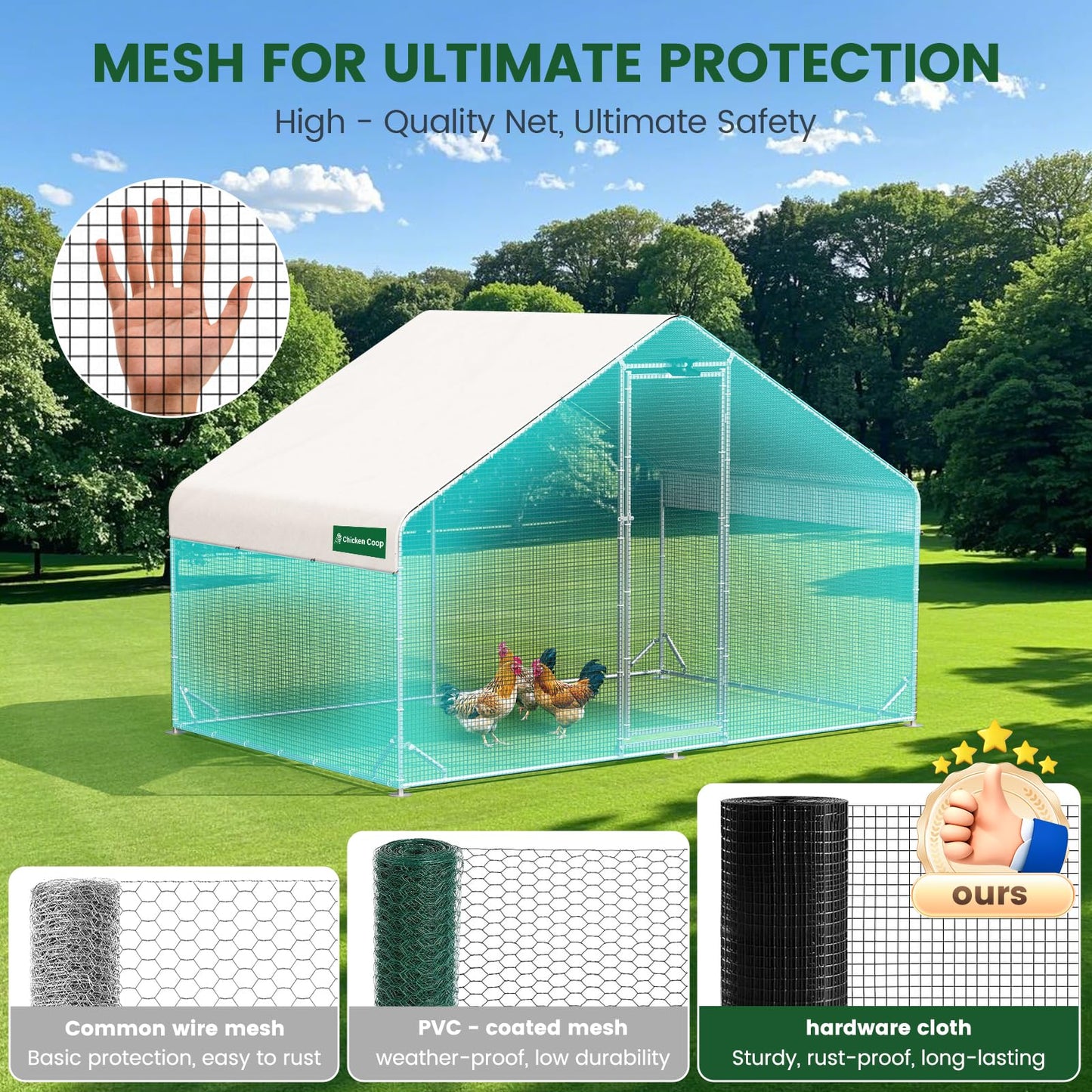Large Walk-in Metal Chicken Coop with Chicken Run & Hardware Cloth, Solar Light, Waterproof & UV-Resistant Cover, Outdoor Poultry Cage for Farm Use