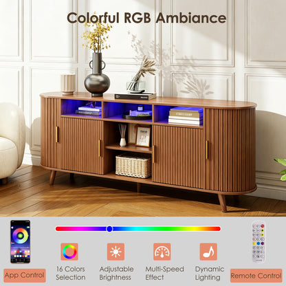 PLRSOZIM 70" Tambour TV Stand with LED Lights, Mid-Century Modern Fluted Sliding Tambour Doors, Fits up to 75" TVs, Media Console with Storage Cabinets, Entertainment Center for Living Room & Bedroom