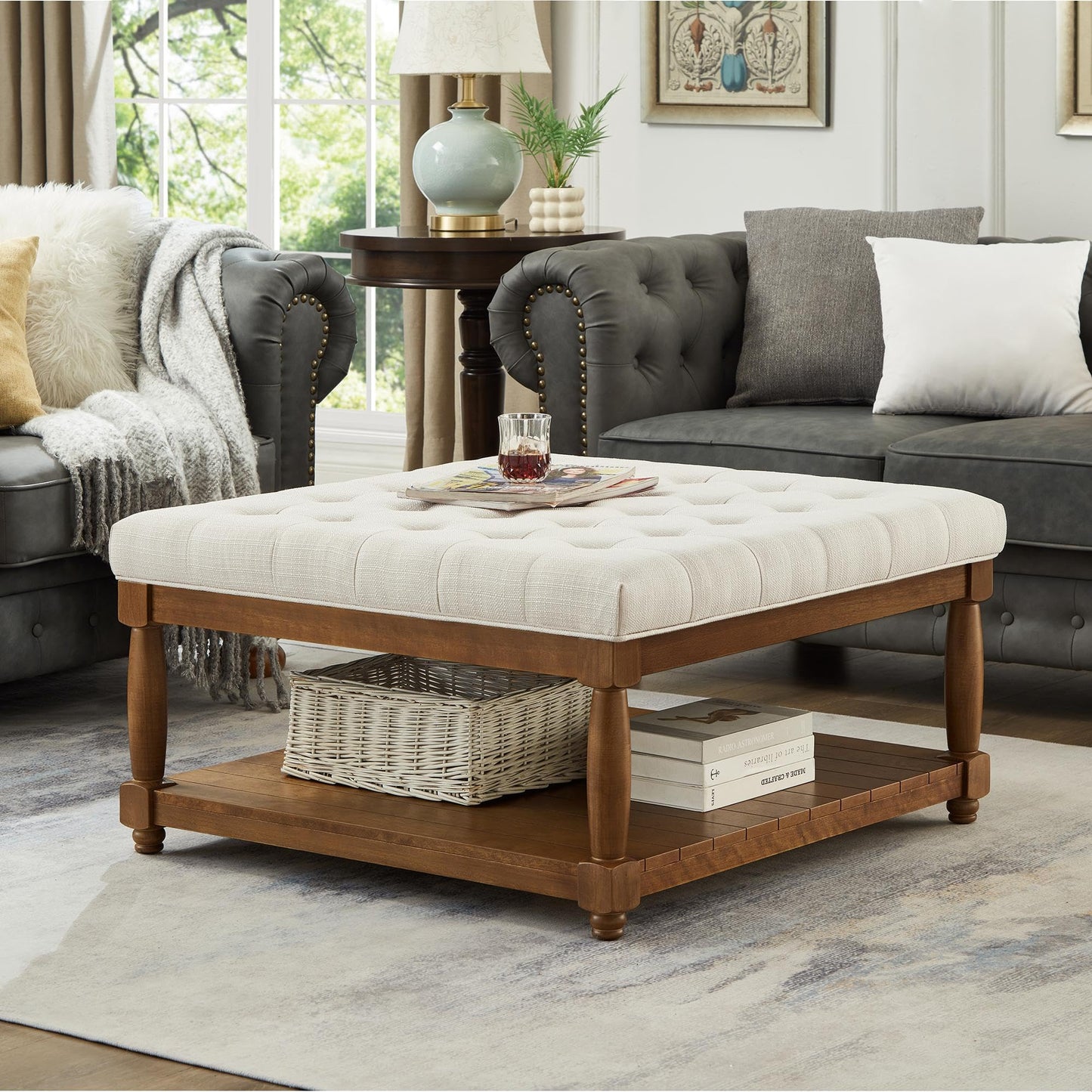 GDFStudio Large Square Upholstered Tufted Linen Ottoman Coffee Table with Solid Wood Frame and Open Storage Shelf, Nailhead Trim Accent Footrest for Living Room, Ivory