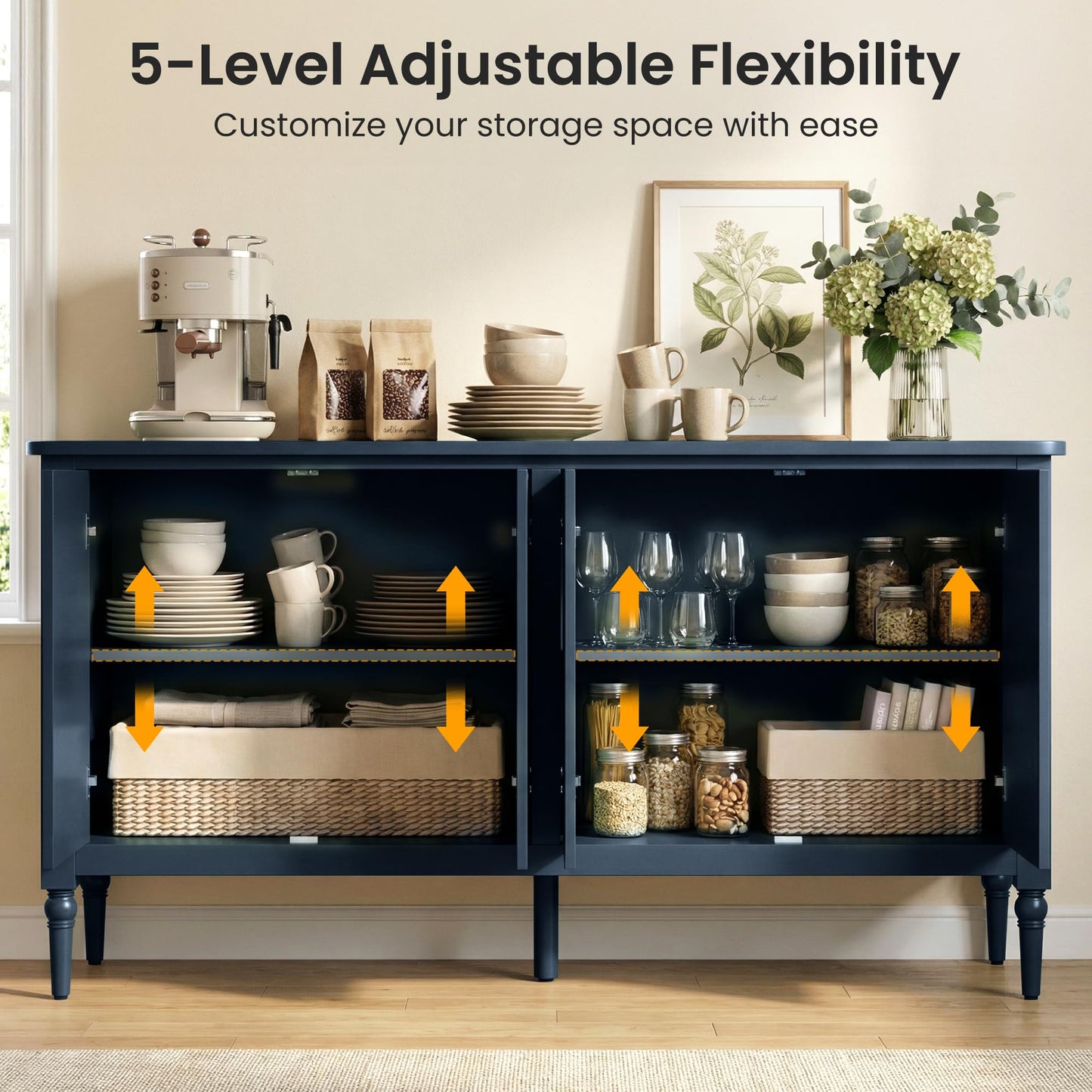 RoyalCraft Buffet Cabinet with Storage, Vintage Sideboard with Adjustable Shelves, Mid Century Modern Painted Credenza Coffee Bar for Kitchen, Dining Room, Entryway, Blue