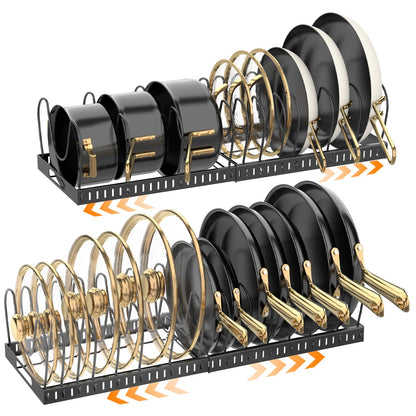 2PACK Expandable (12"-24") Pots and Pans Organizer Under Cabinet with 32 Adjustable Dividers for Kitchen, Pot Lid Organizers Inside Cabinet, Pan Lid Holder, Rust-Resistant Lid Storage, Easy to Clean