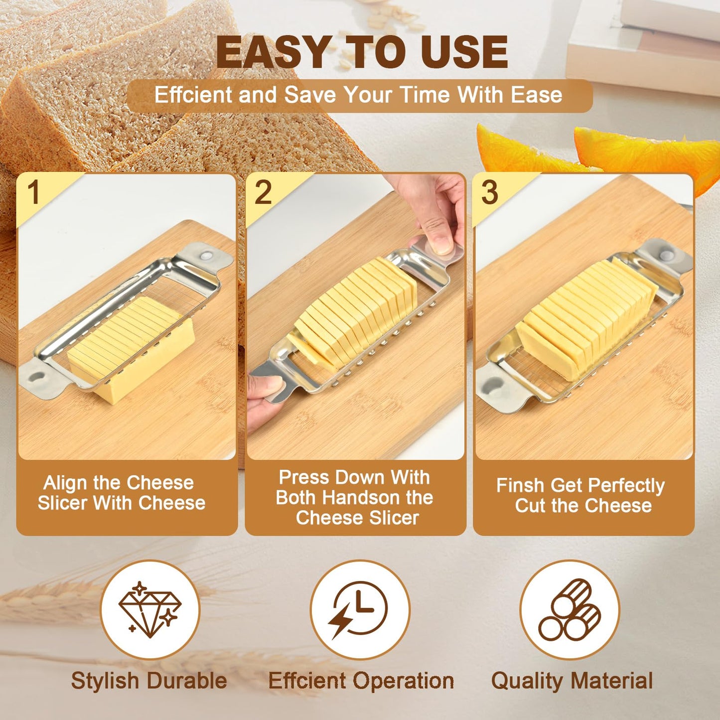 Butter & Cheese Slicer,Stainless Steel Butter Slicer for Butter Squares,Multipurpose Handheld Cheese Cutter for Block Cheese,Dishwasher Safe