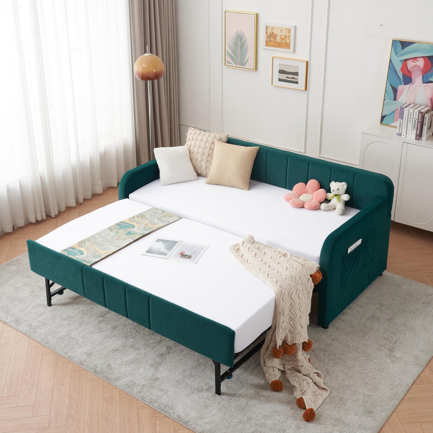 Ball & Cast Twin Size Daybed with Pop up Trundle,Velvet Upholstered Day Bed Frame with Channel Tufted Backrest,Extendable Trundle Bed with USB Port & Side Pocket,Twin to King Design,Emerald