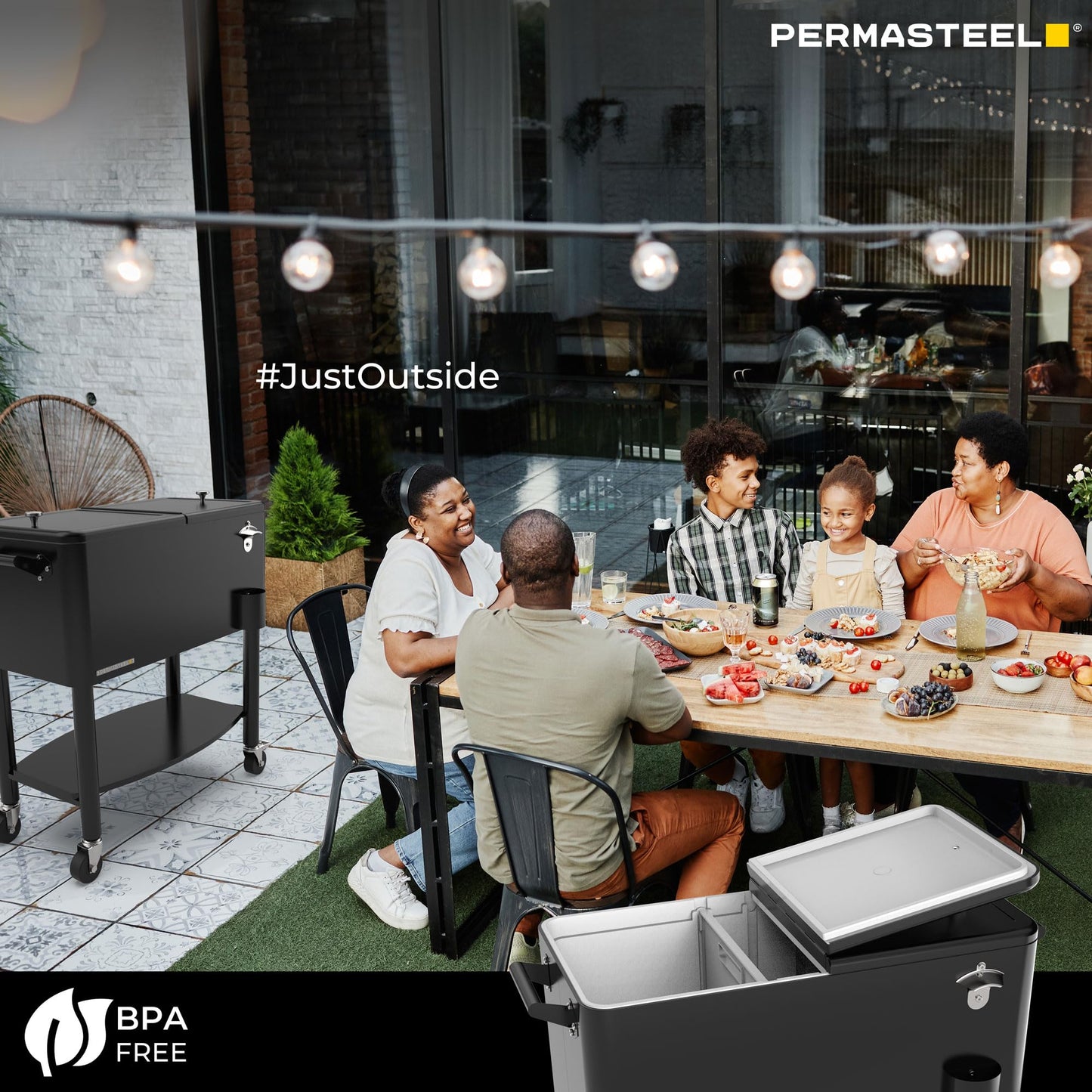 Permasteel Party Cooler with Divider, Spacious 80-Qt Capacity, Chills 36hrs, Serving Tray, Rolling Ice Chest for Indoor and Outdoor Entertainment, Black