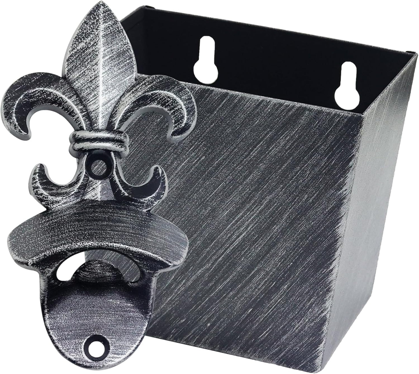 Fleur De Lis Beer Cap Opener - Wall Mounted Bottle Opener with Cap Catcher Drainage, Antique Silver