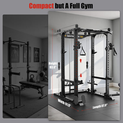 Sportsroyals Power Cage, Multi-Functional Squat Rack, Power Rack with Pulley System & LAT Pull Down, Workout Cage with J Hooks for Home Gym