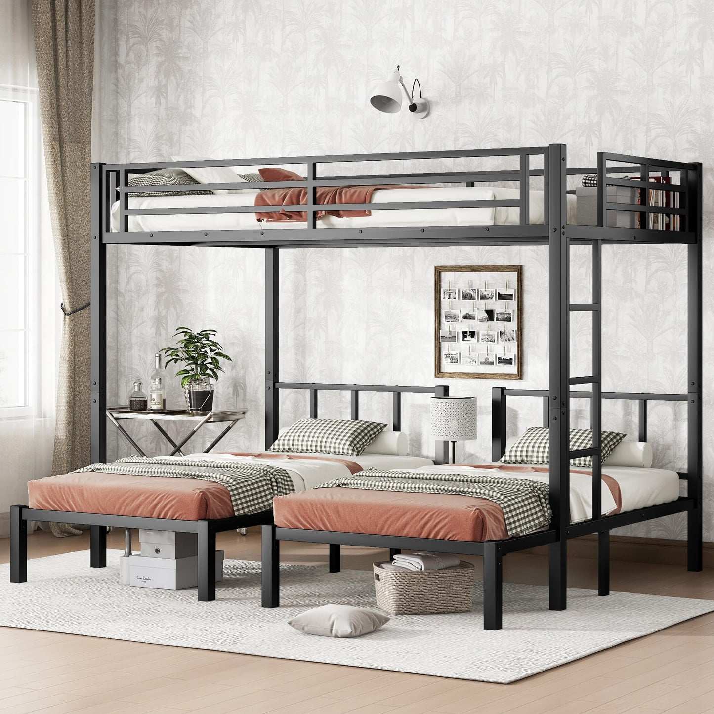 Bellemave Triple Bunk Bed for Kids, Detachable Queen Over Twin & Twin Metal Bunk Bed with Guardrails, Ladder & Storage, Converts to 3 Separate Beds, Easy to Assemble (3 Bunk Beds for Kids, Black)