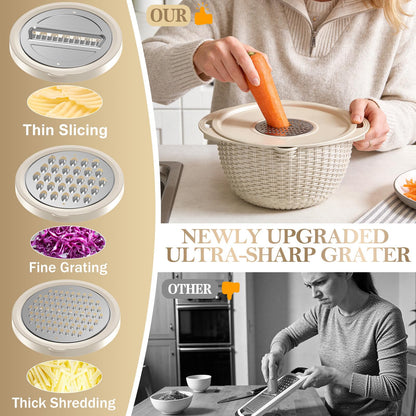 4-1 Colander with Bowl Set - Rotatable Colander for Kitchen (Patented), Upgraded Graters Food Strainers for Pasta Fruits and Vegetables, Funny Presents for Women, Aesthetic Kitchen Gadget - Beige