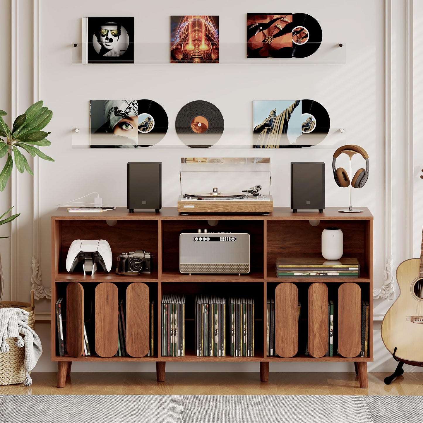 SLEKVERSA 55'' Vinyl Record Player Stand with Charging Station - Mid Century Modern Record Storage Cabinet w/6 Compartments, 2 USB Ports & Outlets - Turntable Table for Living Room