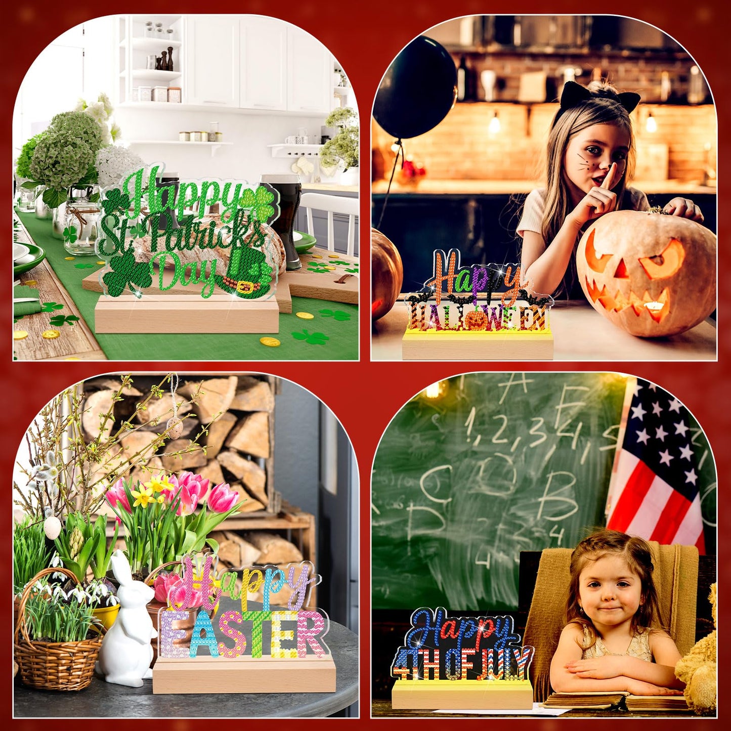 Chunful 13 Pcs Seasonal Diamond Art Tabletop Interchangeable Holiday Diamond Art Painting Kit with Wooden Light Base for 4th of July Summer Table Tiered Tray Home Office Tabletop Centerpiece Decor
