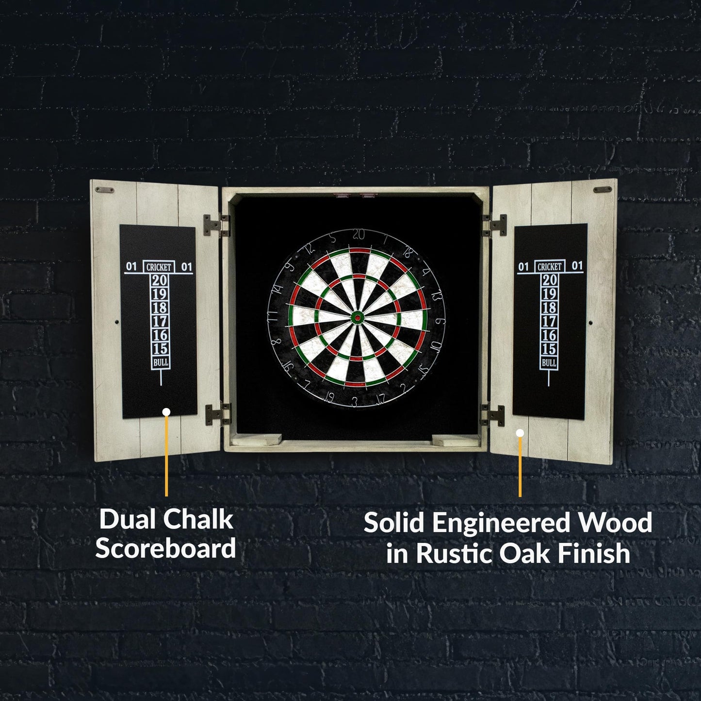 Hathaway Drifter 18-in Bristle Dart Board and Cabinet Set – Includes Self Healing Sisal Board, Removable Outer Ring, Chalk Scoreboards & Steel-Tip Darts - Complete Dart Accessories - Timberwood