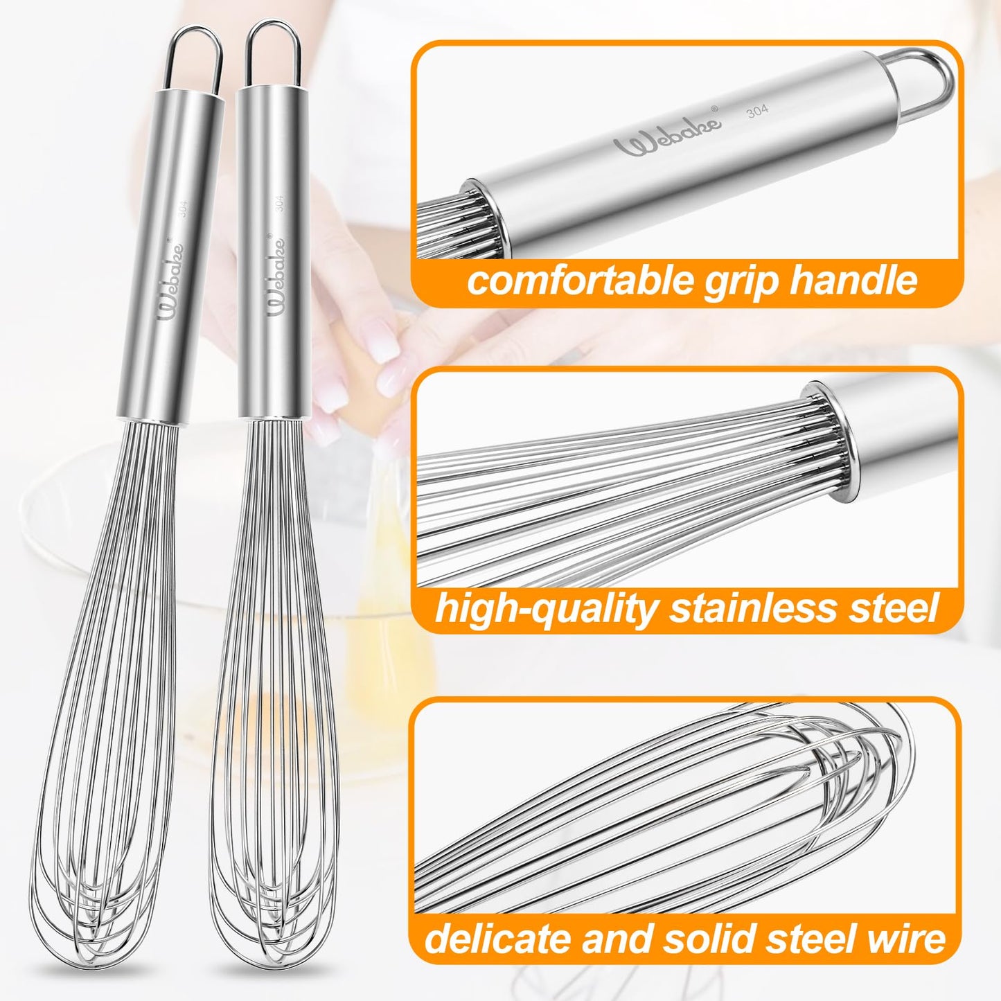 Webake 11" Stainless Steel French Whisk French Whip for Professional or Home, 304 Metal Whisk Set of 2