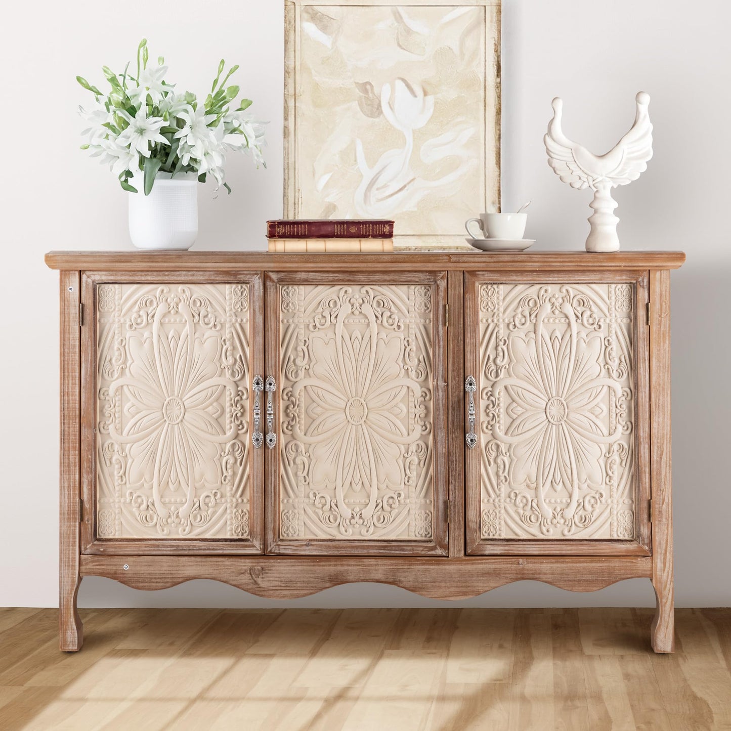 FansaFurn Accent Storage Cabinet with 3 Carved Doors and Shelves, Farmhouse Sideboard Buffet Sideboard with Storage, Wood Kitchen Cabinet for Living Room, Entryway, Dining Room and Kitchen, Natural
