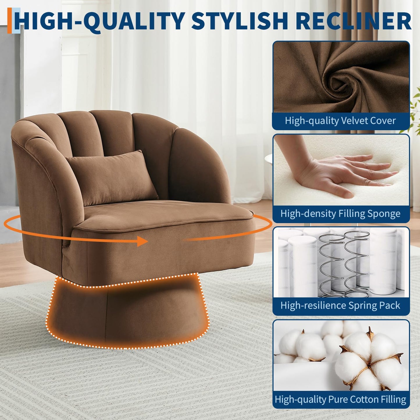 IDEALHOUSE Swivel Accent Chair with Armrests, 360° Mid Century Modern Swivel Barrel Chair, Modern Cozy Velvet Armchair for Living Room, Bedroom, Small Space, Brown