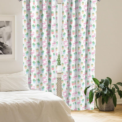 Ambesonne Cactus Window Curtains, Flamingos and Sleeping Plants Cartoon Pattern, 2-Panel Set (28" x 63")