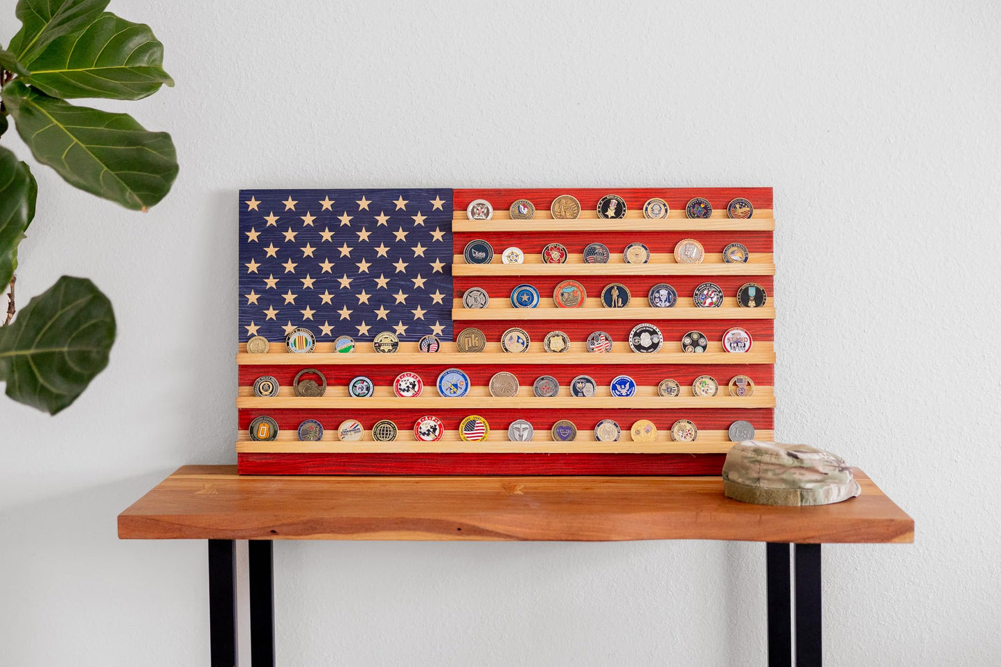 Flags of Valor American Flag Challenge Coin Display Holds 100 Coins Wooden Military Coin Holder Wall Decor Veteran Made Patriotic Flag Art Ready to Hang USA Handmade (Medium Unframed, 19" H x 36" W)