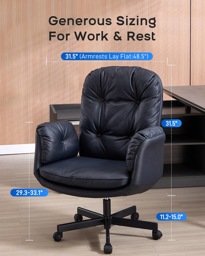 LukkDys Executive Office Chair, Big & Tall 400 lbs Capacity, Wide Seat, PU Leather, 5-Gear Lay-Flat Armrests (90°–180°) for Cross-Legged Comfort, 90–115° Recline, High Back Desk Chair, Black