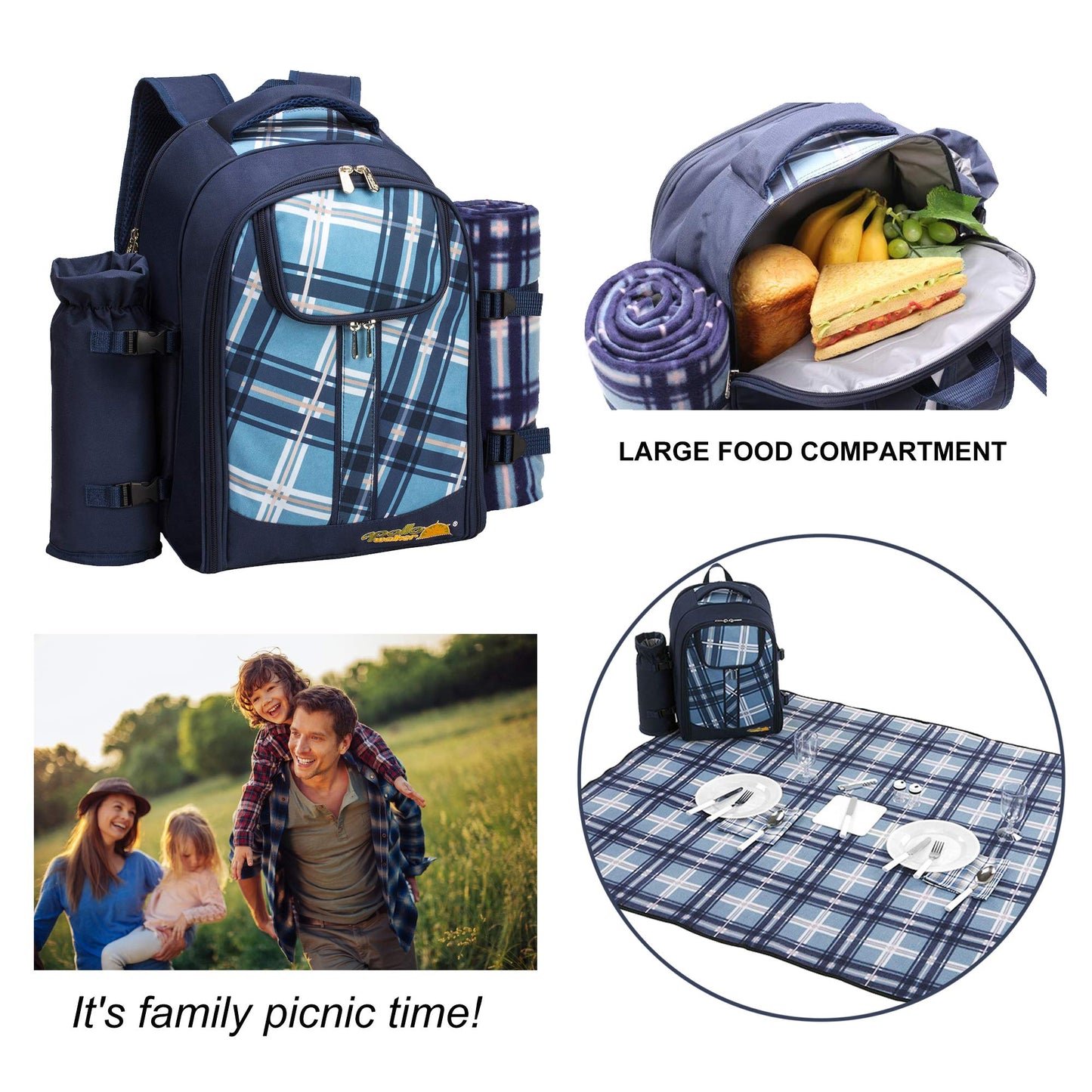 Apollo walker Picnic Backpack Set for 4 with Cooler Compartment,Detachable Bottle/Wine Holder Including Large Picnic Blanket(45"x 53") for Picnic Family and Lovers Gifts,Outdoor,BBQ Time (Blue)