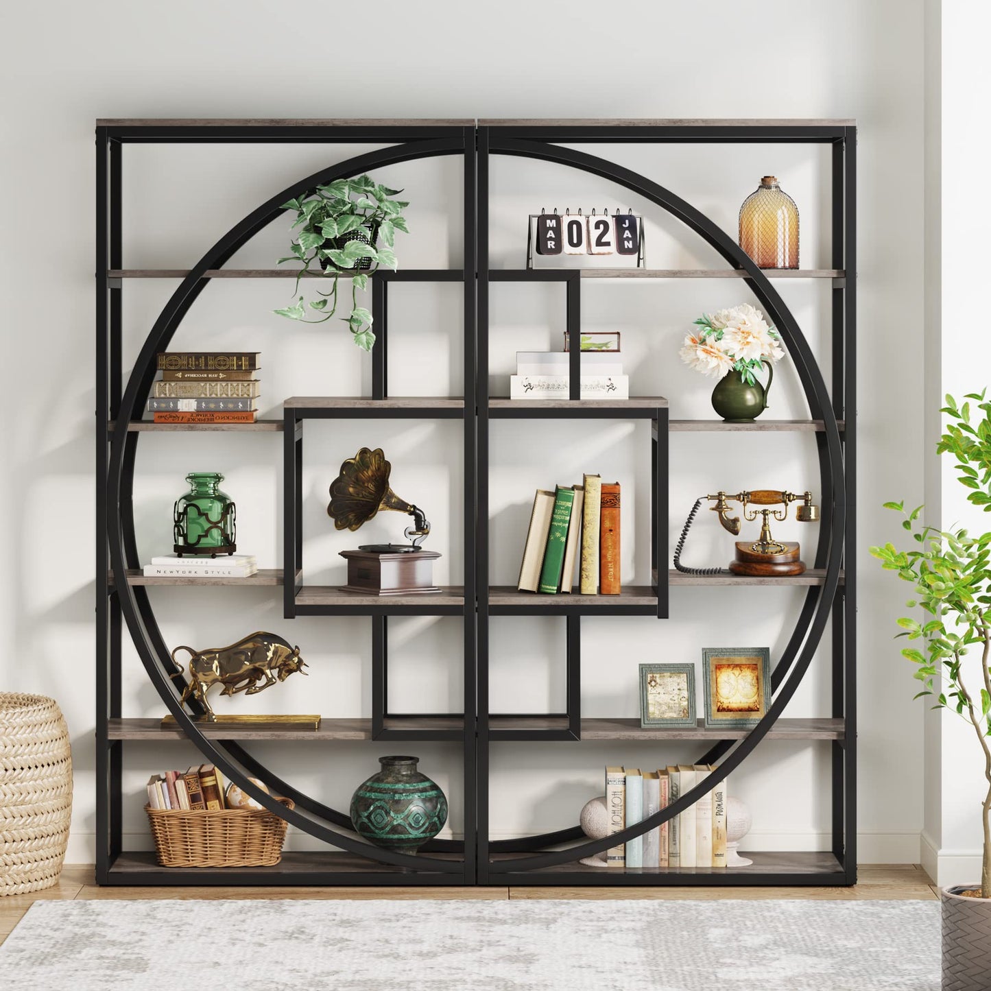 Tribesigns Bookshelf, Industrial 5-Tier Etagere Bookcase, 70.8" Tall Bookshelf with 8 Storage Shelf, Book Shelf Display Tack Shelving Unit for Home Office (Vintage Grey,2PC)