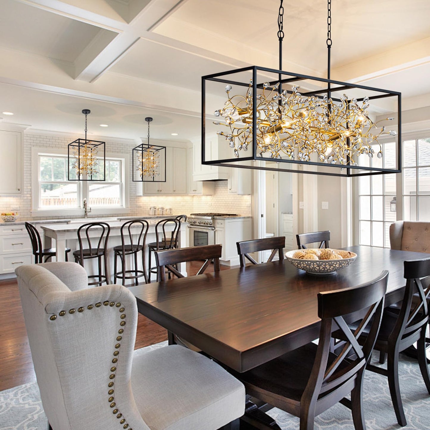 Vezzio Black and Gold Crystal Chandelier, 4-Light Modern Farmhouse Foyer Pendant Light for Entryway, Dining Room, Kitchen Island, Staircase, Hallway, H21 Inch