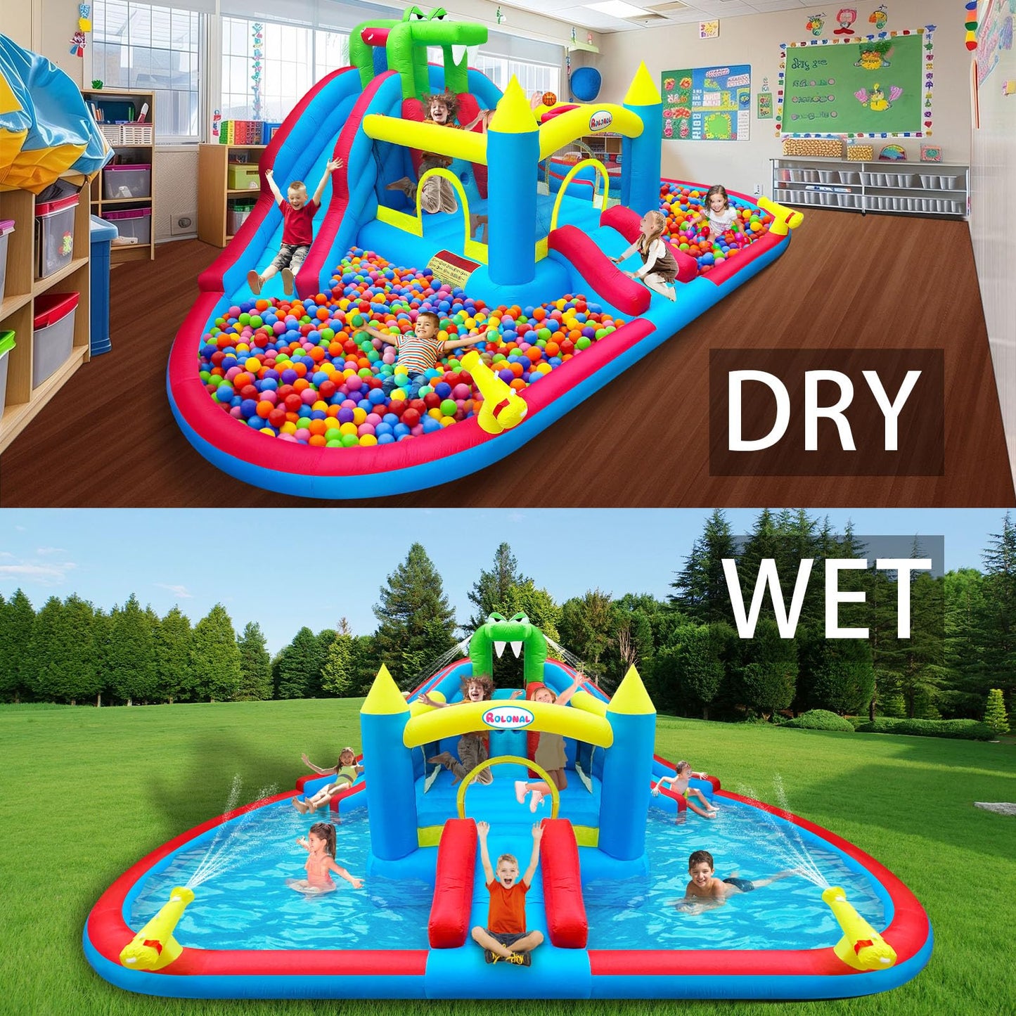 Rolonal Inflatable Bounce House with Water Slides,Double Ball Pit/Water Pool,Crocodile Styling,Climbing Wall,Outdoor Kids Bouncy Castle with Air Blower