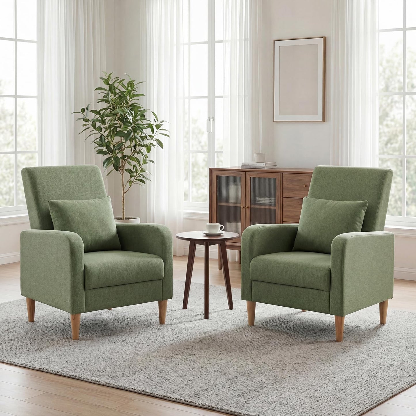 COLAMY Mid-Century Modern Upholstered Accent Chair with Back Pillow & Solid Wood Legs, Fabric Cozy Armchair for Living Room, Bedroom, Reading Nook, Apartment & Small Spaces, Green