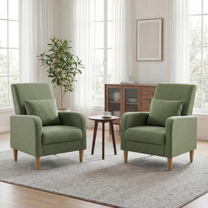COLAMY Mid-Century Modern Upholstered Accent Chair with Back Pillow & Solid Wood Legs, Fabric Cozy Armchair for Living Room, Bedroom, Reading Nook, Apartment & Small Spaces, Green