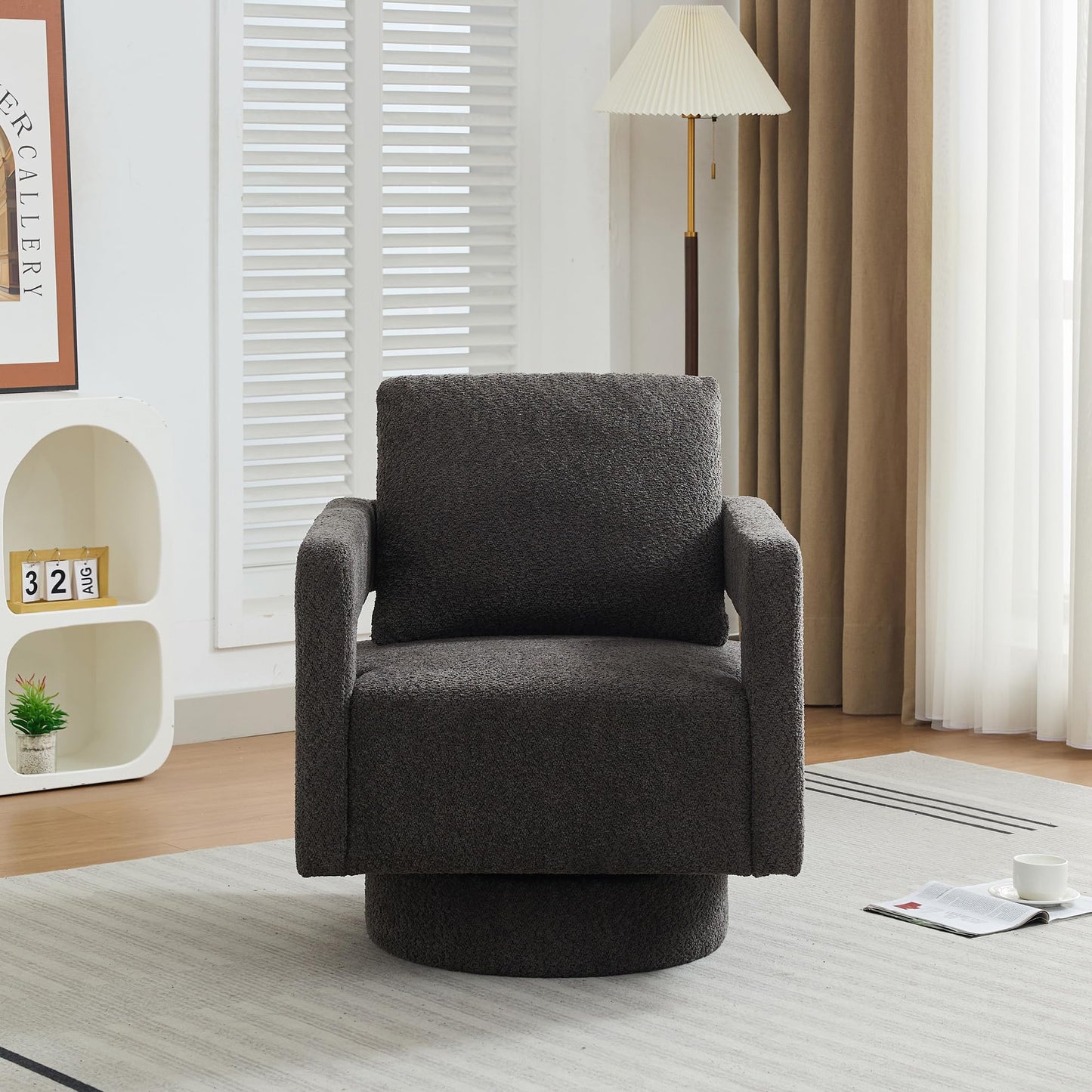GDFStudio 29.13" Swivel Accent Chair, Modern Boucle Upholstered Armchair with Open Back, 360° Rotating Lounge Club Chair with Removable Cushion for Living Room Bedroom Hotel Office Seating, Charcoal