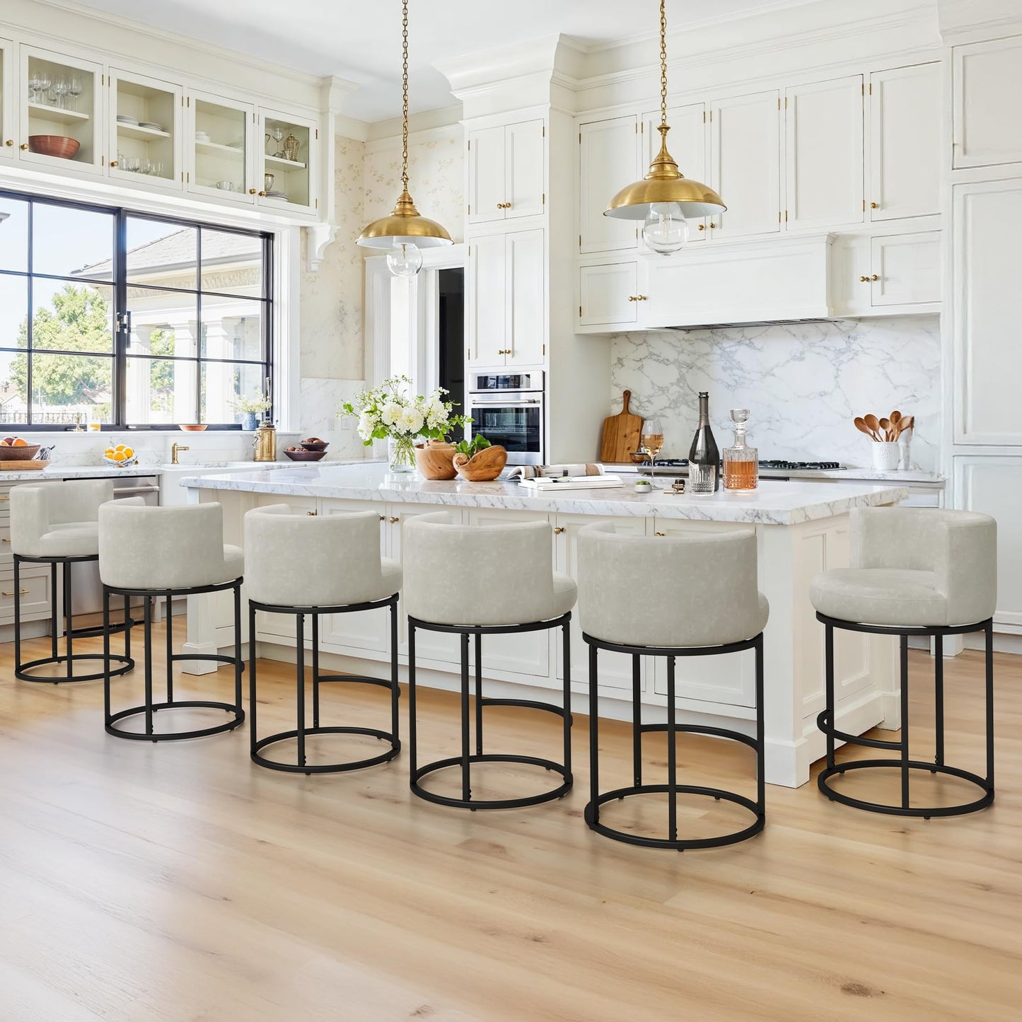 LUE BONA 26.8" Counter Height Bar Stools Set of 3, 180° Swivel Bar Stools, Modern Barrel Counter Stools with Metal Frame, Faux Leather Upholstered Barstools for Kitchen Island, Light Beige Gray