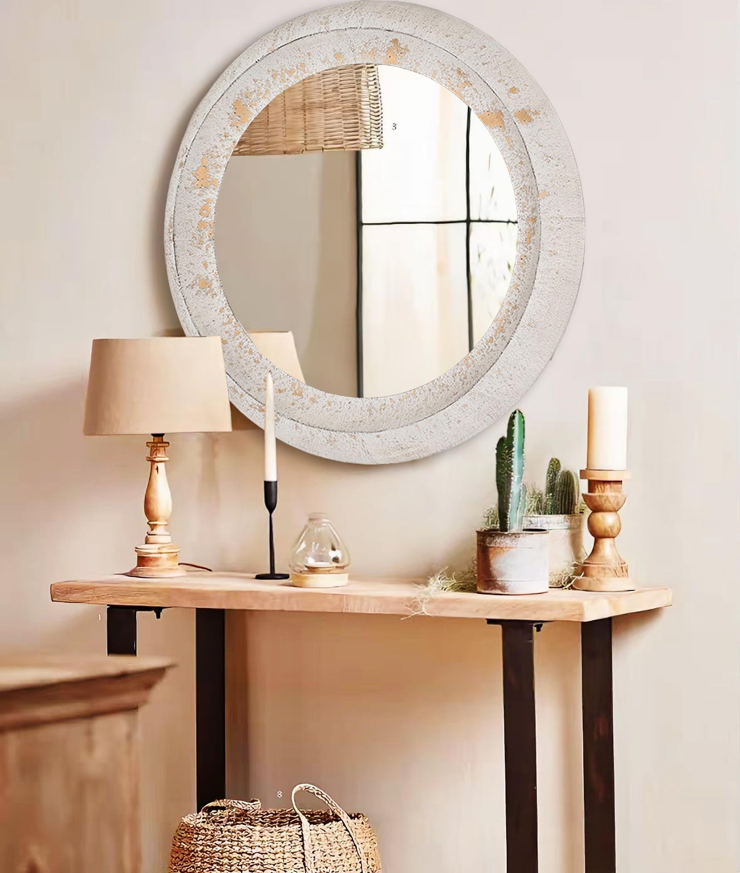 Round Substantial Beveled Hand Hammered Metal Frame In Rustic White, Modern And Traditional, Farmhouse, Cottage, for Bathroom Bedroom Living Room Home Office Entryway (Rustic White, 24"x24")