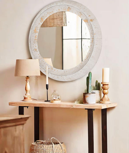Round Substantial Beveled Hand Hammered Metal Frame In Rustic White, Modern And Traditional, Farmhouse, Cottage, for Bathroom Bedroom Living Room Home Office Entryway (Rustic White, 24"x24")